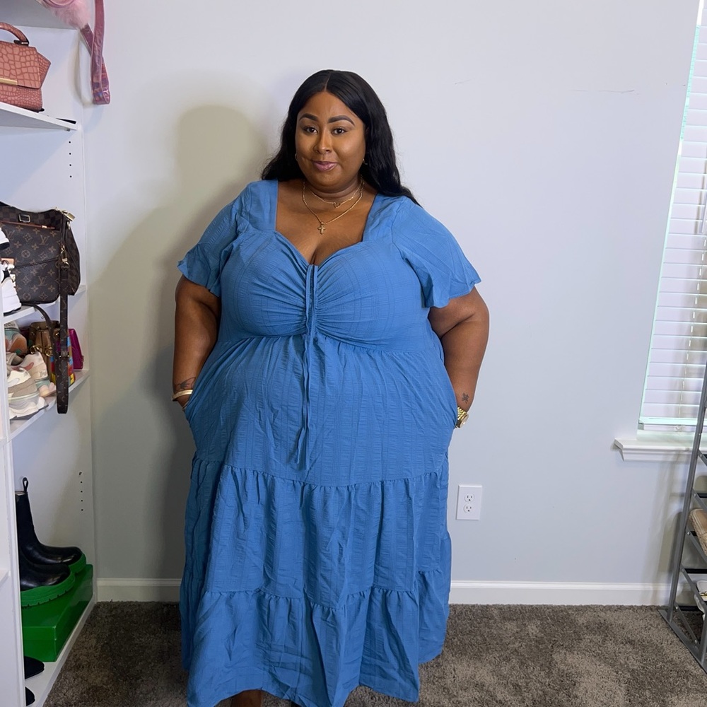 BloomChic Blue Tiered Cold Shoulder Maxi Dress